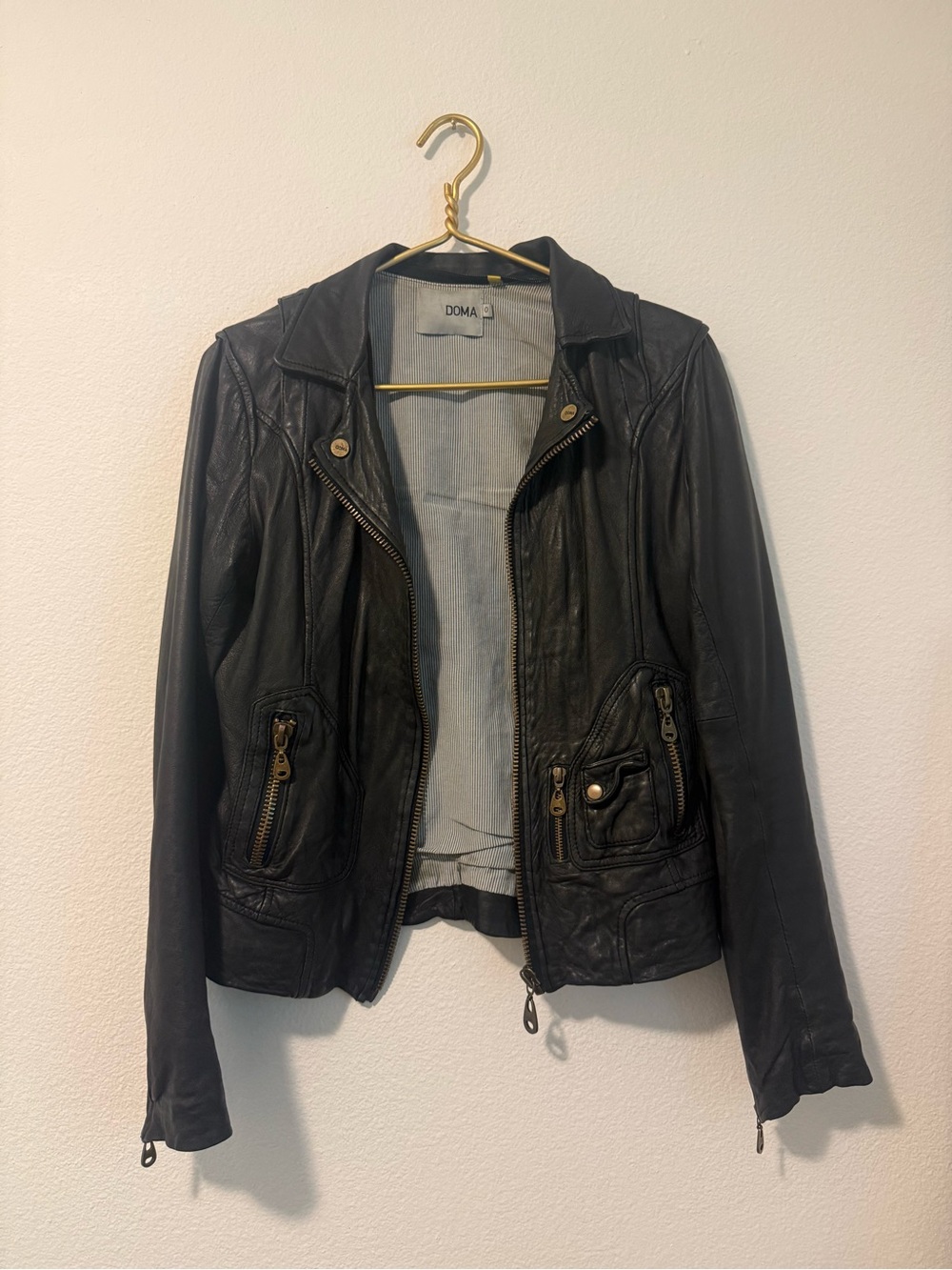 Doma Black Leather Zip Moto Jacket